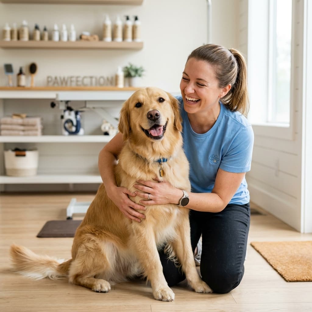 Certified groomer brushing a golden retriever at home wearing a Pawbells blue t-shirt