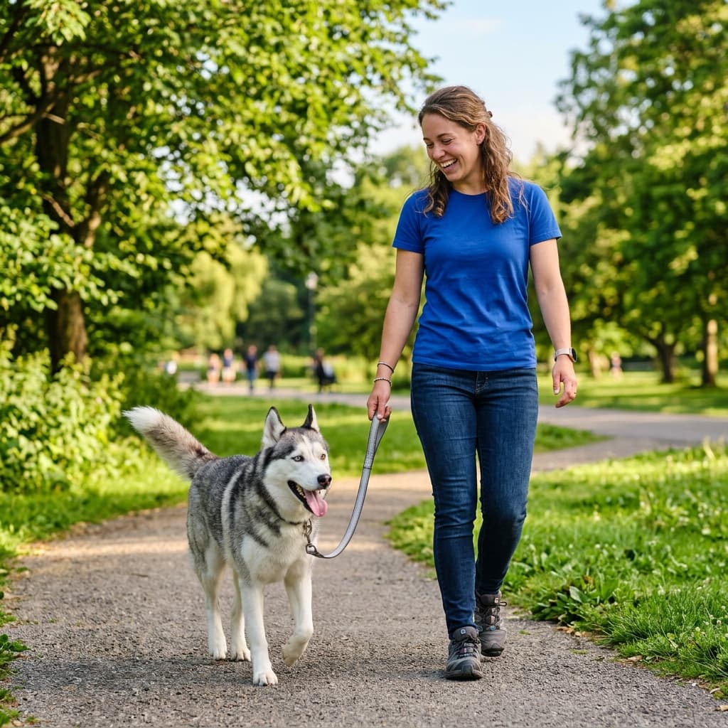 Woman playing with dog in park