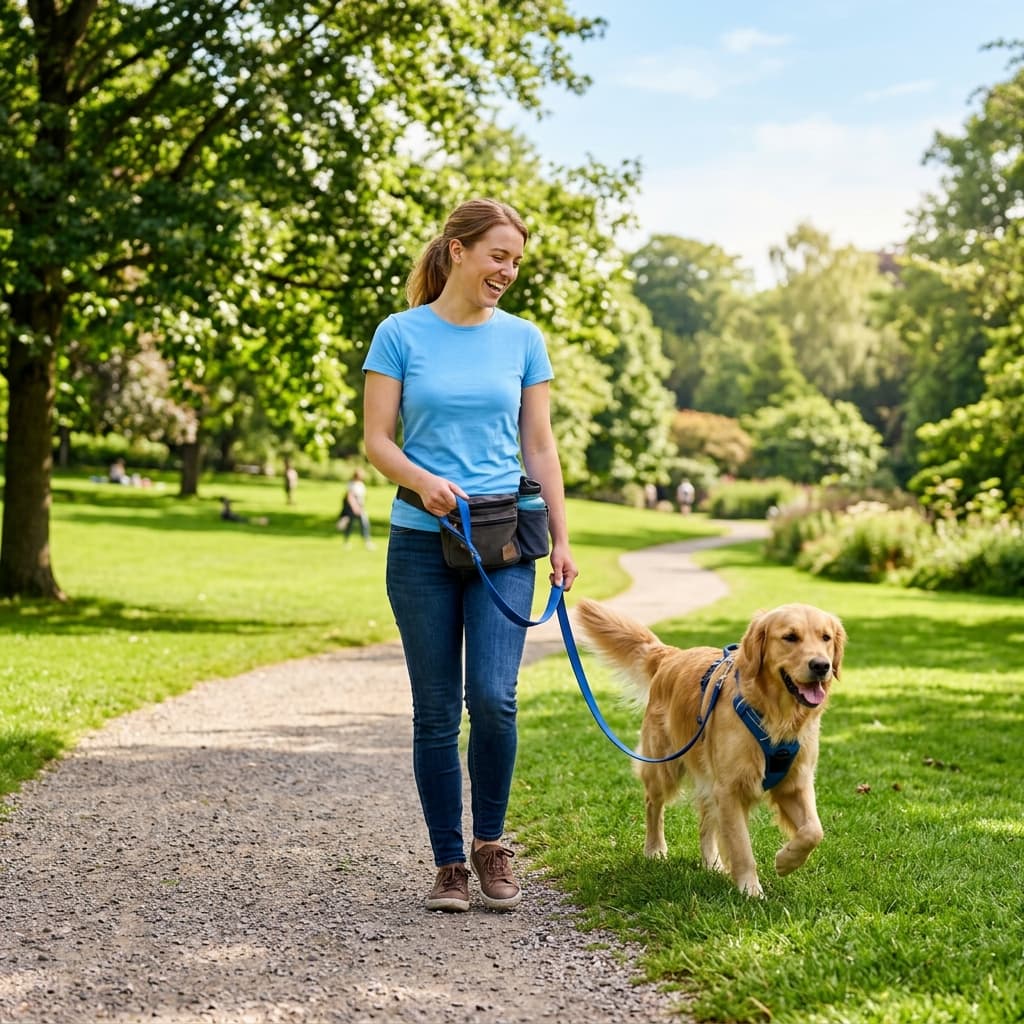 Dog walker walking a dog in a park