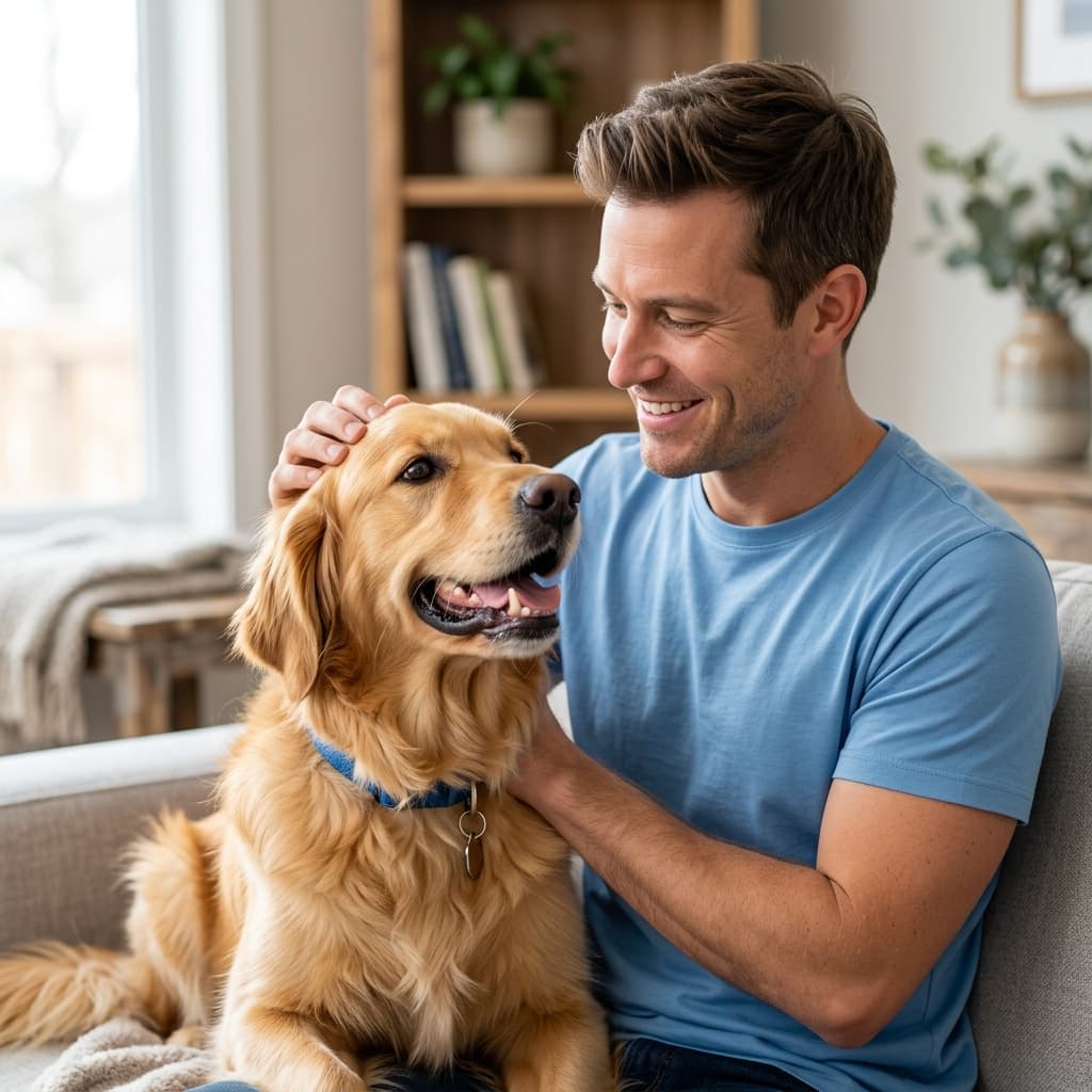 Man petting golden retriever